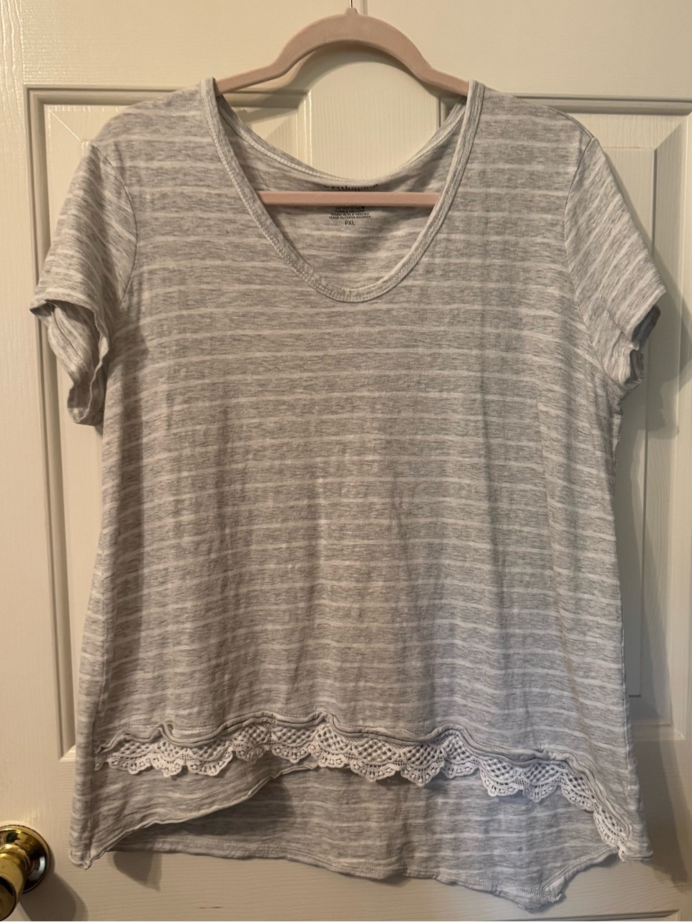 Light Gray Striped Lace-Hem High Low Women's Top